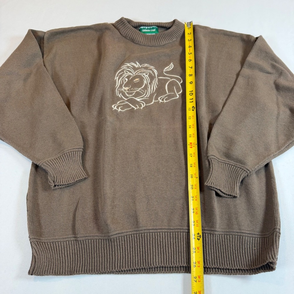Vtg Lion Sweater XL Brown Cotton Knit Embroidered USA Safari Grunge Jumper - Picture 5 of 7